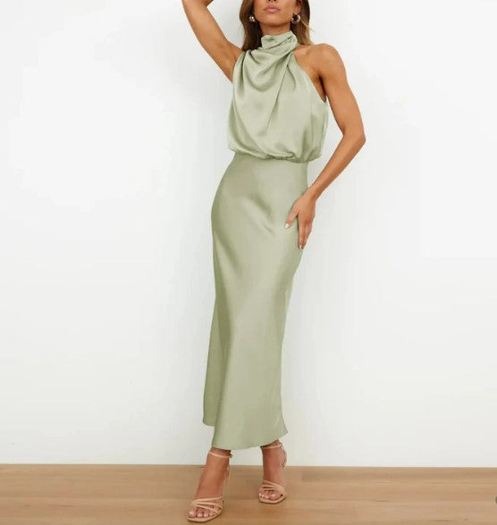 Levoire | Robe Maxi Dos Nu En Satin Vert Champagne Et Noir Vert clair