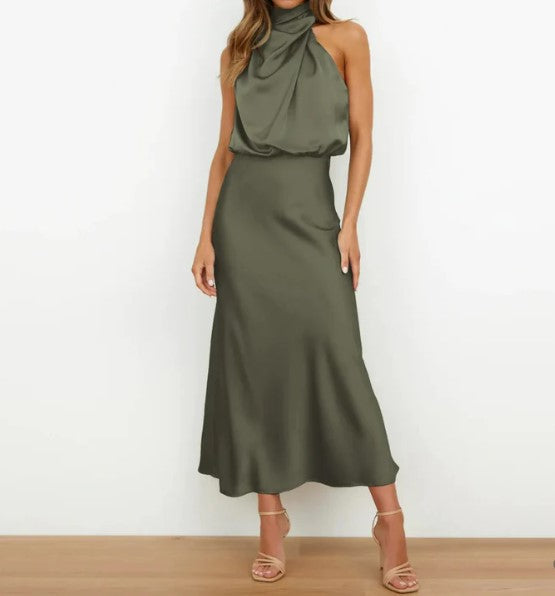 Levoire | Robe Maxi Dos Nu En Satin Vert Champagne Et Noir Vert foncé
