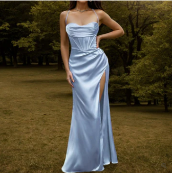Levoire | Robe Maxi En Velours Satin Grenu Et Soyeux Bleu