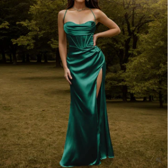 Levoire | Robe Maxi En Velours Satin Grenu Et Soyeux Vert