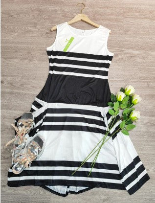 Levoire | Robe Rayée Noire Et Abricot Avec Décolleté En Bloc