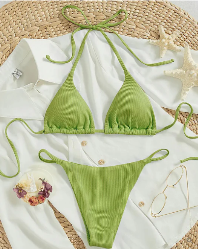Levoire | Bikini Bleu Avec Bande Haute Et Décolleté En V Vert