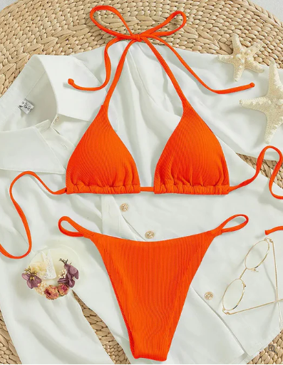 Levoire | Bikini Bleu Avec Bande Haute Et Décolleté En V Orange
