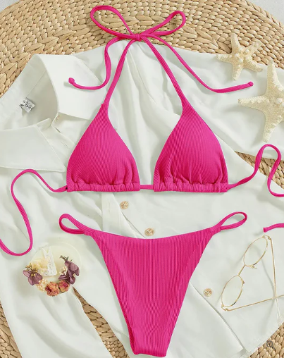 Levoire | Bikini Bleu Avec Bande Haute Et Décolleté En V Rosa