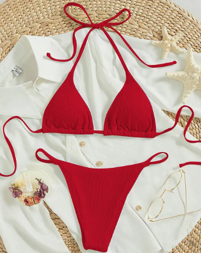 Levoire | Bikini Bleu Avec Bande Haute Et Décolleté En V Rot