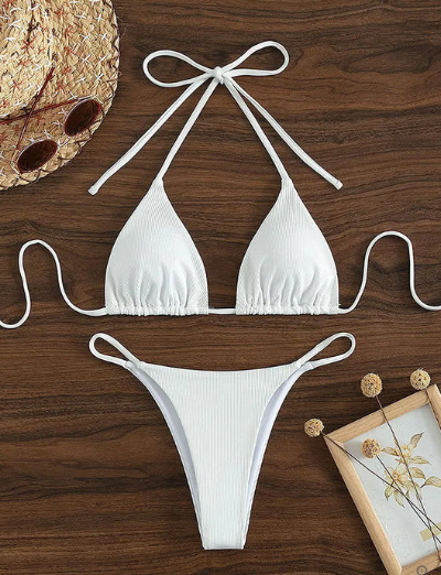 Levoire | Bikini Bleu Avec Bande Haute Et Décolleté En V Blanc