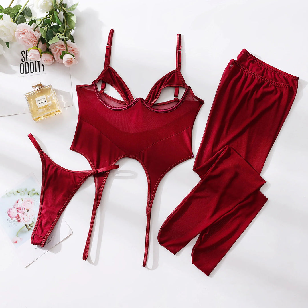 Levoire | Ensemble Complet De Lingerie De Soirée Avec Inclus Des Bas Rot