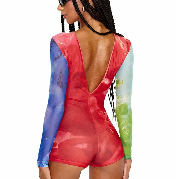 Levoire | Rainbow Dos Nu À Manches Longues Cut Out Haut Jumpsuit Unitard Playsuit