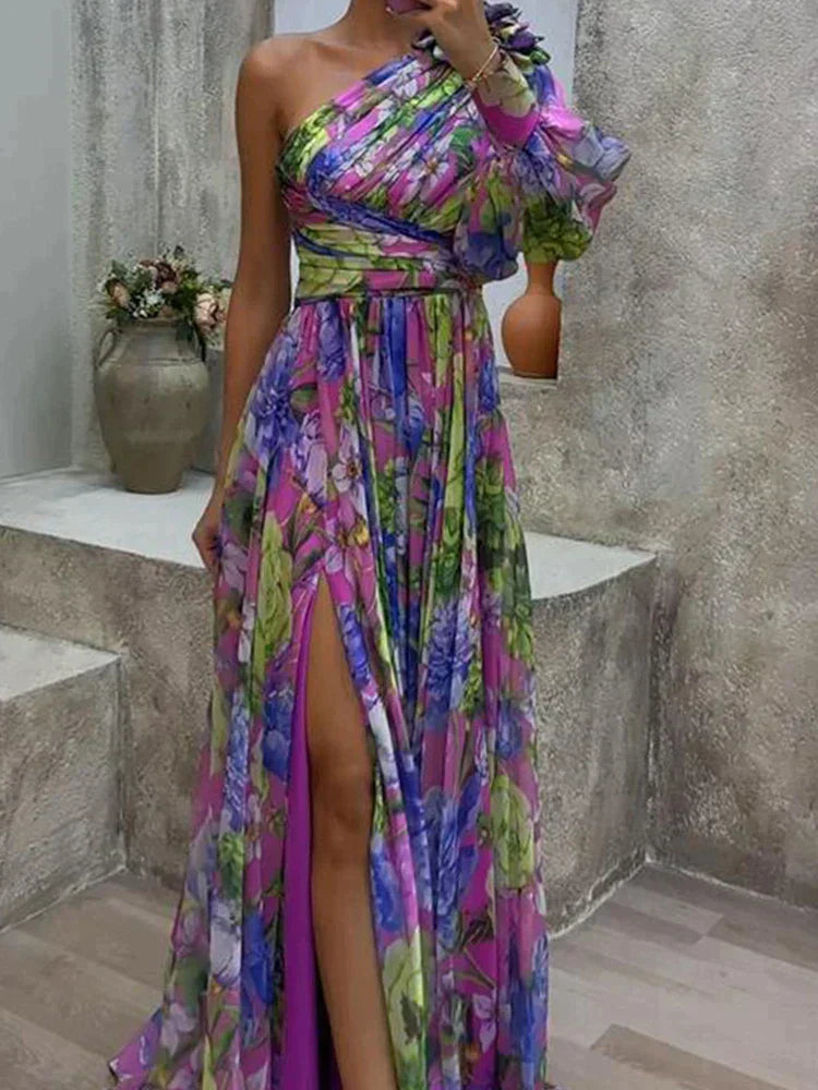 Levoire | Robe Maxi Sexy Avec Fente Sur Le Côté Et Manches Imprimé Violet
