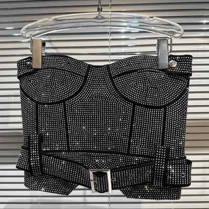 Levoire | Jupe Mini Sans Bretelles En Strass Brillant Et Ensemble De Crop Tops Gilet