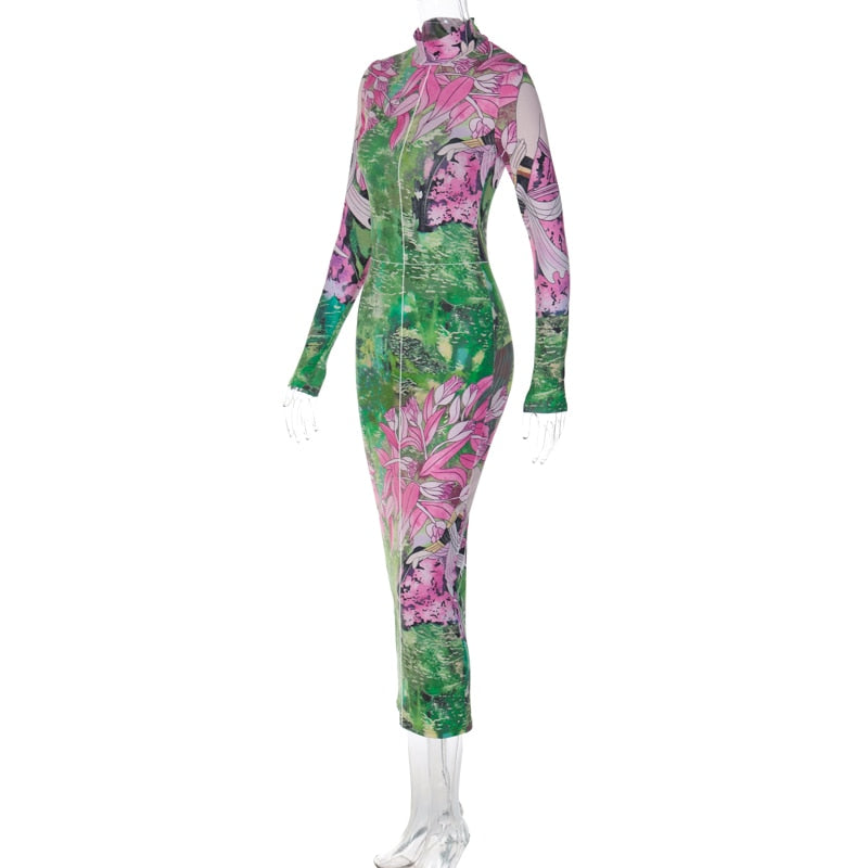Levoire | Robe Midi Bodycon Imprimée À Fleurs À Manches Longues