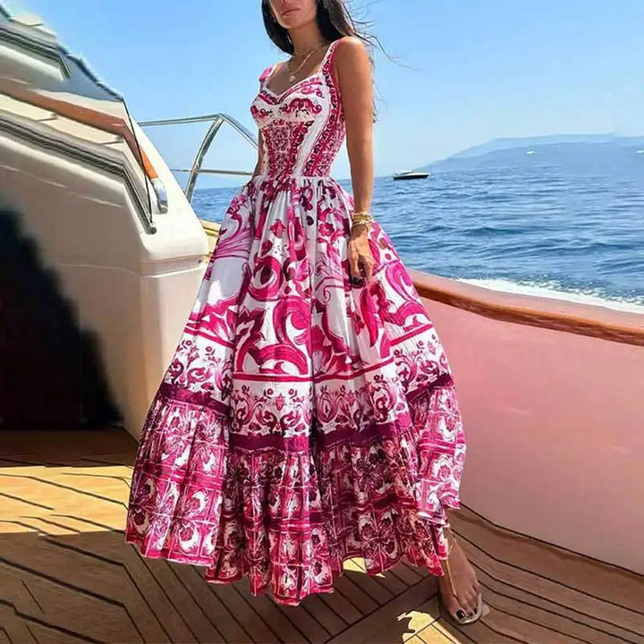Levoire | Robe Maxi Lumineux Style Bohémien Encolure En V Manches Courtes Légère Élégante Ajustement Rosa