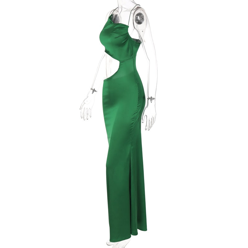 Levoire | Robe Bodycon Longue Satin Vert À Côtés Creux