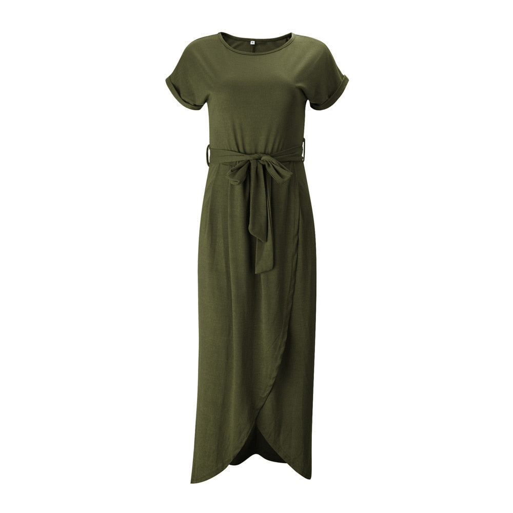 Levoire | Robe Maxi Avec Ceinture Et Fente Pour Dames Vert armée