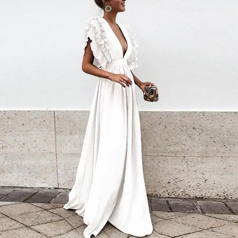 Levoire | Robe De Soirée À Manches Volantées Pour Femme - Maxi Blanc