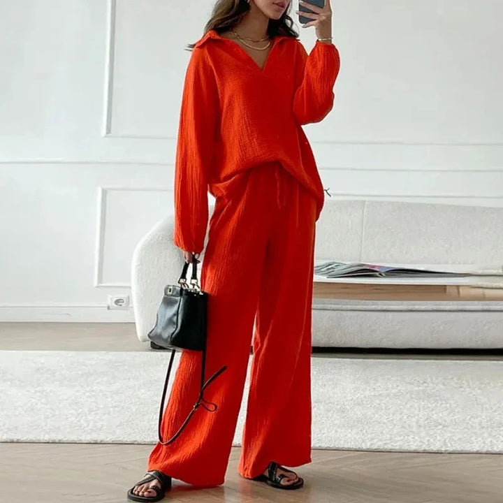 Levoire | Haut Élégant Avec Décolleté En V Et Pantalon À Jambes Larges Rouge Orange
