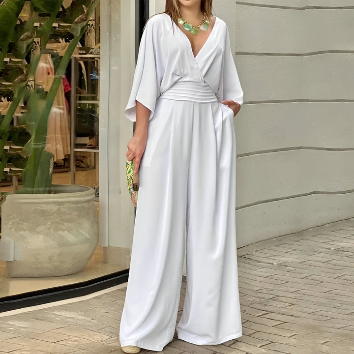 Levoire | Manches Chauve-Souris Pantalon Large Couleur Unie Élégant Combinaison Blanc