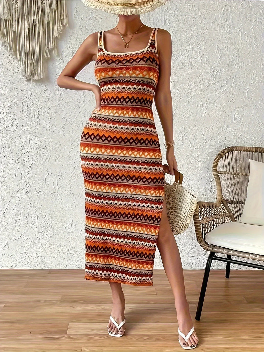 Levoire | Robe Géométrique Moderne Avec Franges Orange