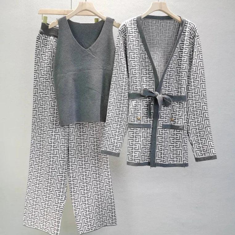 Levoire | Style Européen 3 Pièces V-Entraînement Femmes Tricot -Haut-Pantalons Ensemble Gris Taille unique