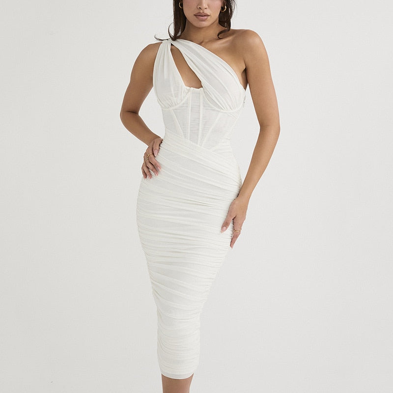 Levoire | Une-Épaule Sans Manches Robes Midi Ruchées Blanc