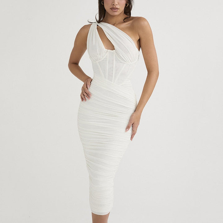 Levoire | Une-Épaule Sans Manches Robes Midi Ruchées Blanc