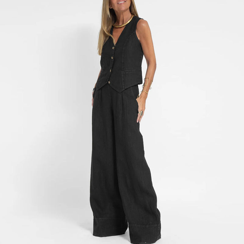 Levoire | Chic Tailleur Pantalon Large Décolleté Pour Femmes Noir