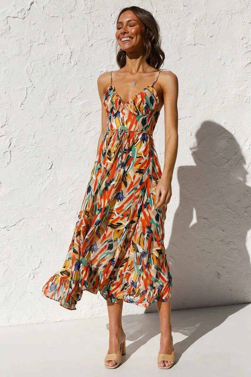 Levoire | Robe Midi Florale À Bretelles Spaghetti Pour Femmes Color