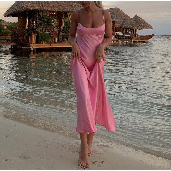 Levoire | Satin Sans Épaules Dos U Fente Midi Robe
