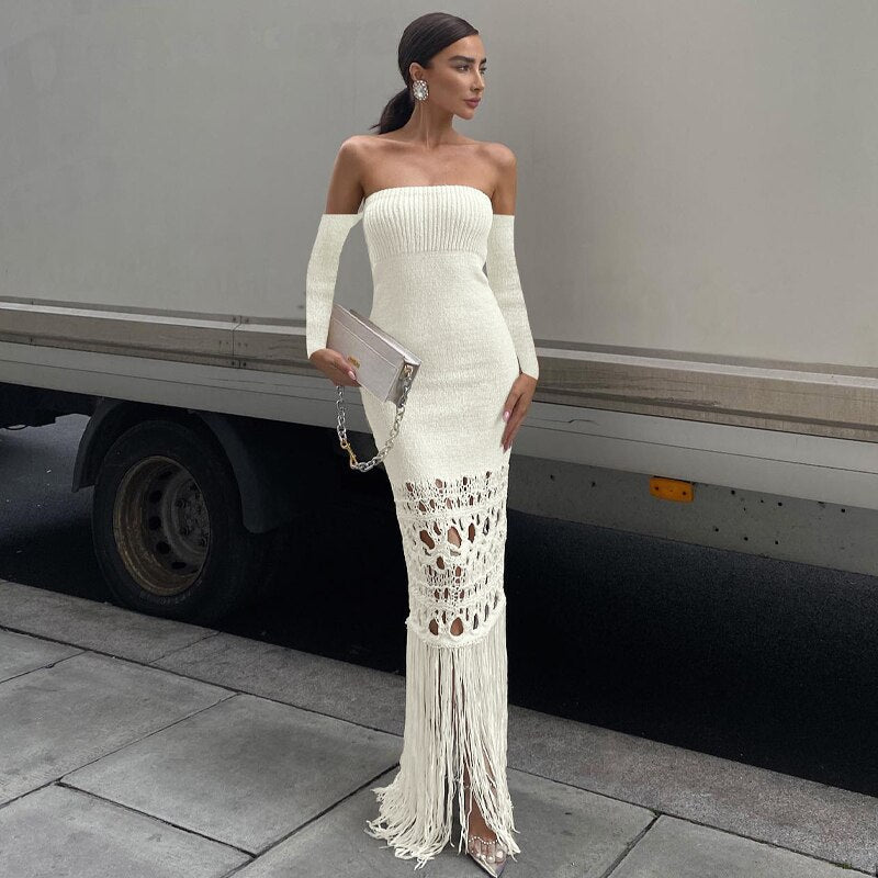 Levoire | Robe Maxi Dénudée À Franges En Tricot À Manches Longues Blanc