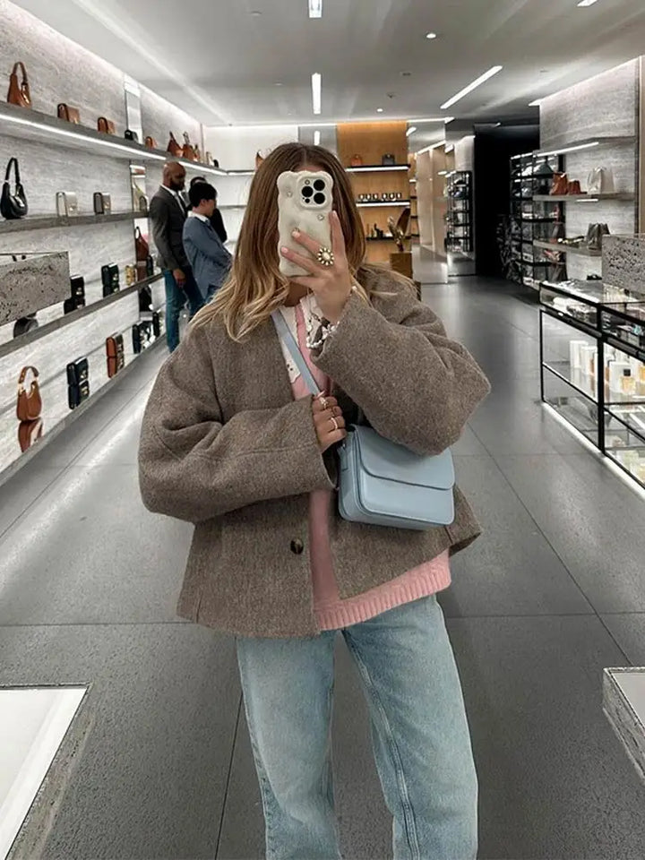 Levoire | Veste Courte Élégante À Manches Longues Pour Femmes Brun-gris