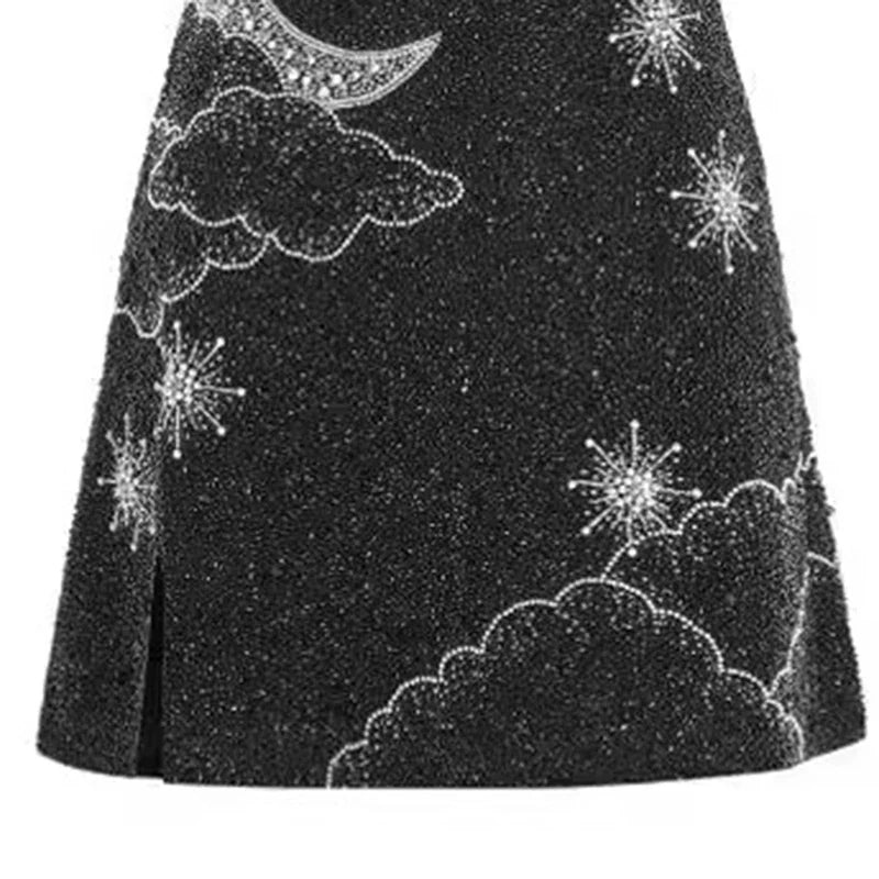 Levoire | Sparkle Ibiza Robe Mini Brodée Noir Nuit Argent Fente Latérale