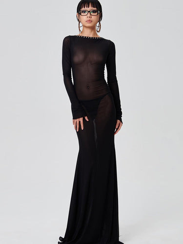 Levoire | Mesh Noir Manches Longues Dos Nu Transparent