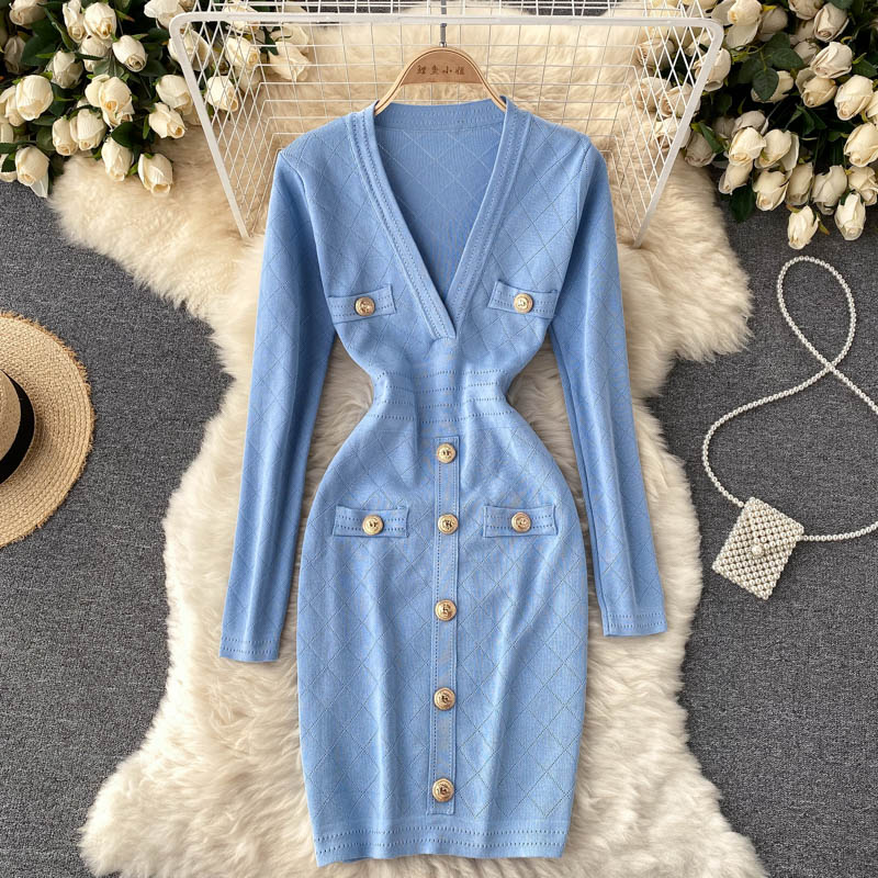 Levoire | Robe Portefeuille Tricotée Bureau Bleu Une taille