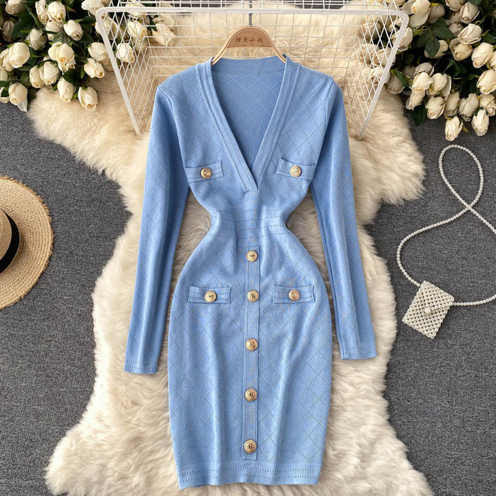 Levoire | Robe Portefeuille Tricotée Bureau Bleu Une taille