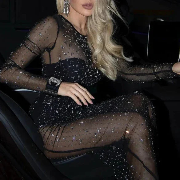 Levoire | Robe Maxi À Manches Longues En Maille Transparente Avec Fente Et Strass