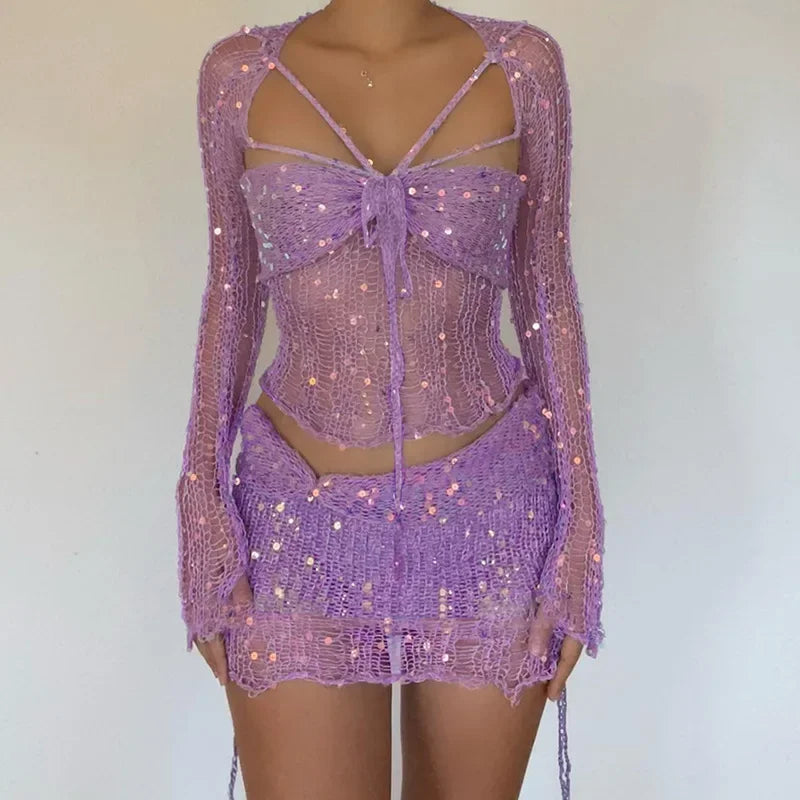 Levoire | Paillettes Crochet Tricot Manches Longues Crop Top Jupe Mini Coord Ensemble