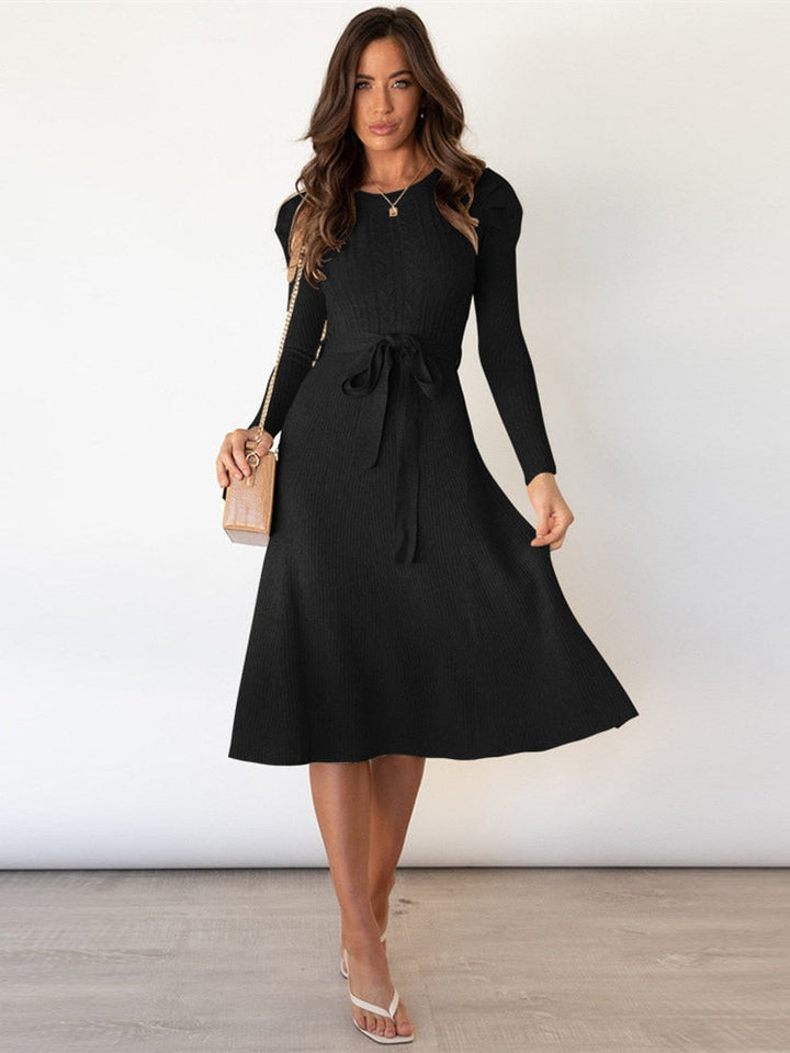 Levoire | Robe Midi Tricotée Élégante Avec Ceinture Pour Femmes Noir