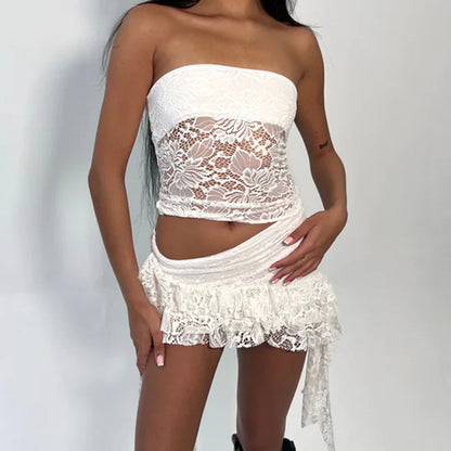 Levoire | Y2K Mesh Dentelle Jupe Mini Blanche Crop Top Coord Ensemble