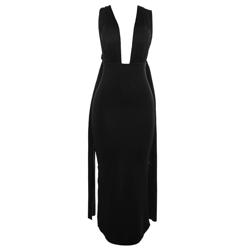 Levoire | Dyp V-Décolleté Dos Nu Sans Bretelles Maxi Robe Noir