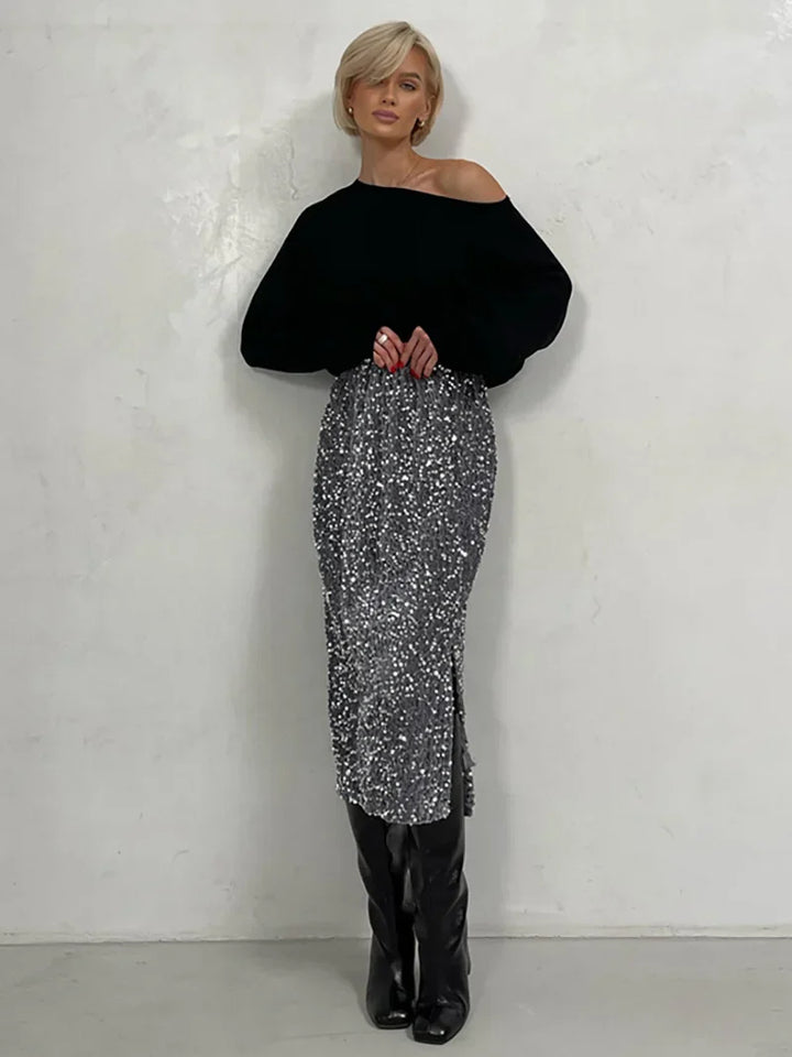 Levoire | Jupe Midi Moderne Tendance Pour Femmes Avec Décolleté Argent Taille unique