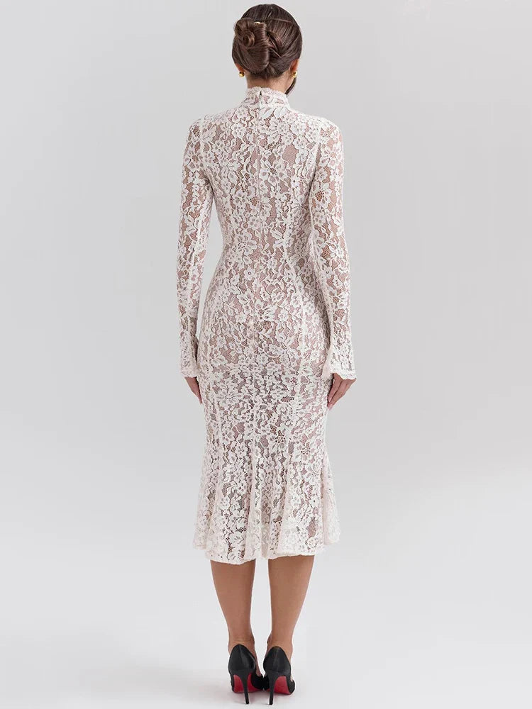 Levoire | Robe Midi Élégante En Dentelle Avec Col Montant