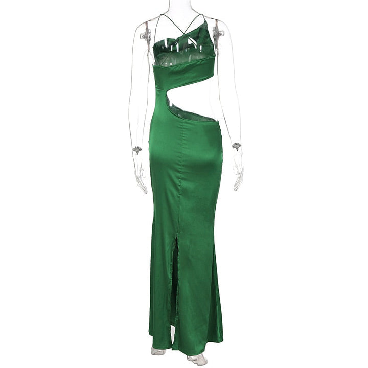 Levoire | Robe Bodycon Longue Satin Vert À Côtés Creux