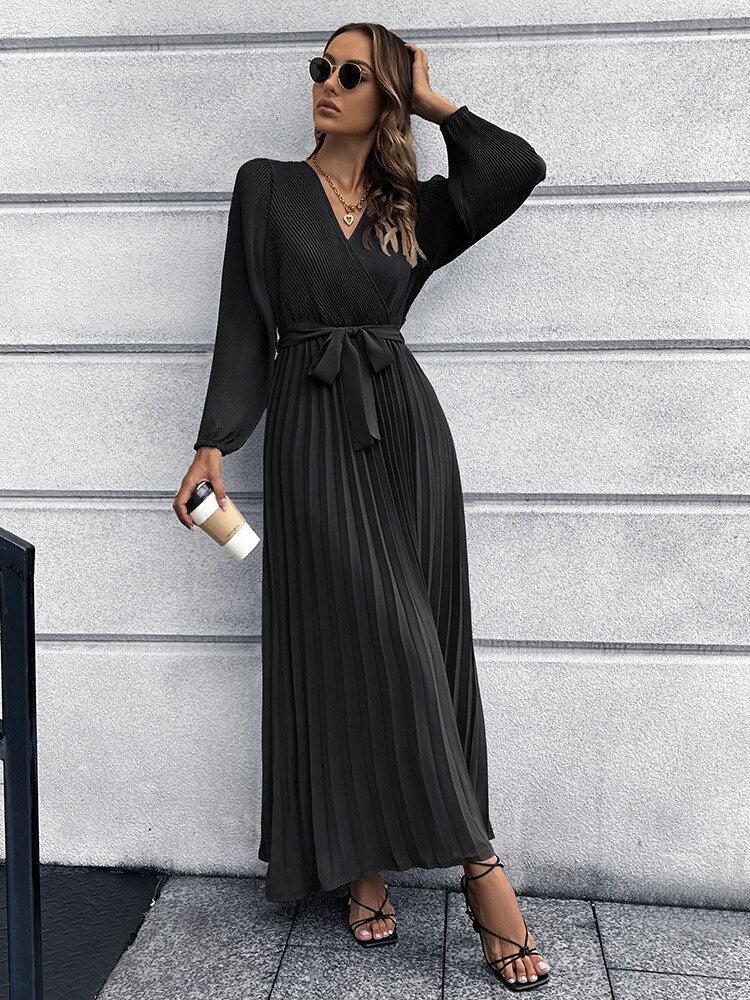 Levoire | Robe Maxi Plissée D'Été À Col V Design Grand Zoom Élégant