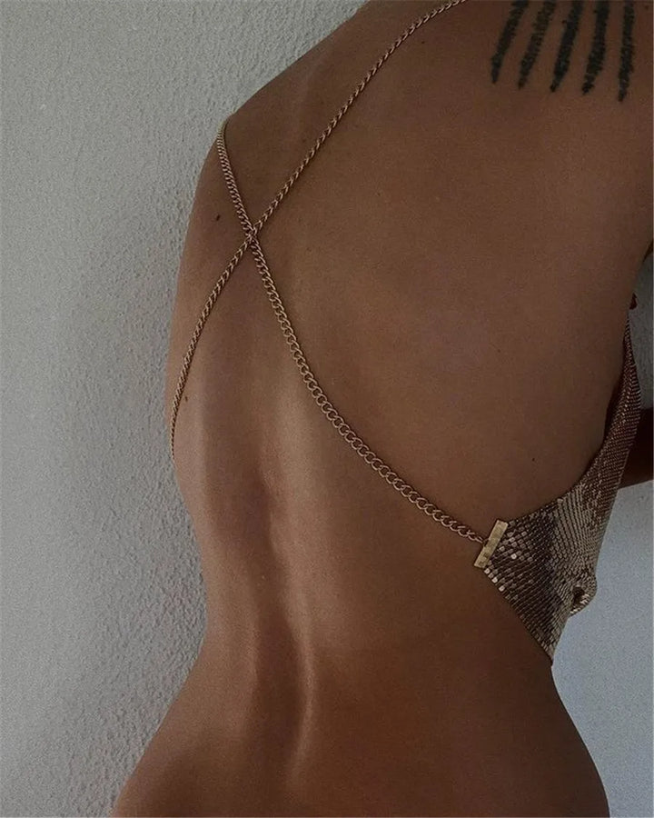 Levoire | Robe De Fête À Sequins En Filet Métallique Halterneck Crop Top