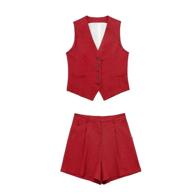 Levoire | Ensemble D'Été Élégant Pour Femmes Avec Haut À Décolleté En V Et Shorts Rot