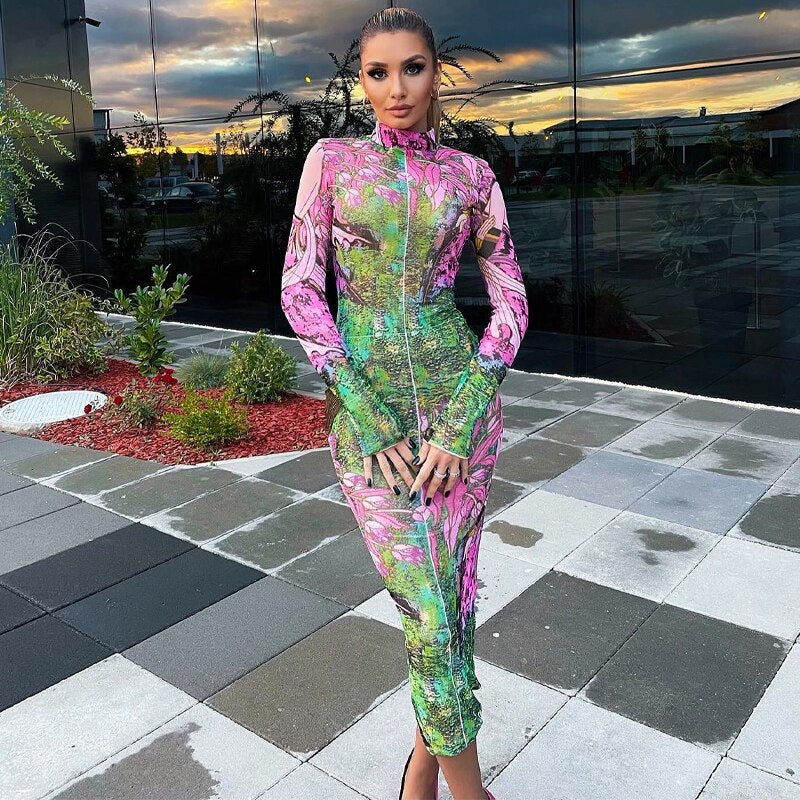 Levoire | Robe Midi Bodycon Imprimée À Fleurs À Manches Longues MULTI