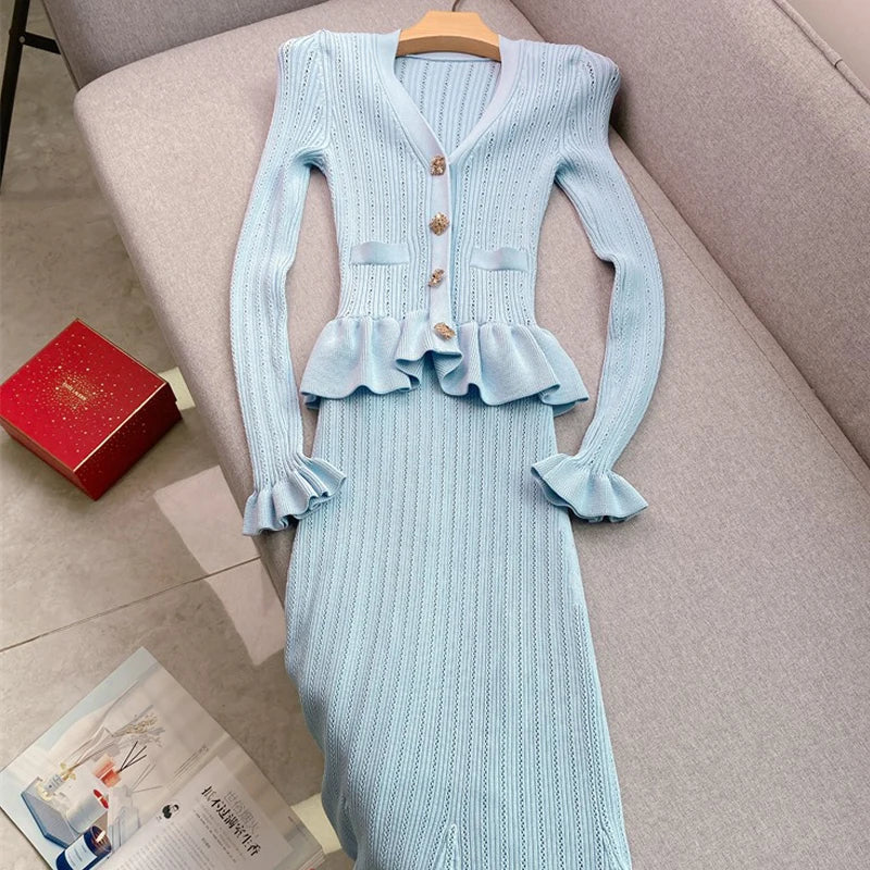 Levoire | Robe Longue En Tricot À Col En V Bleu Taille unique