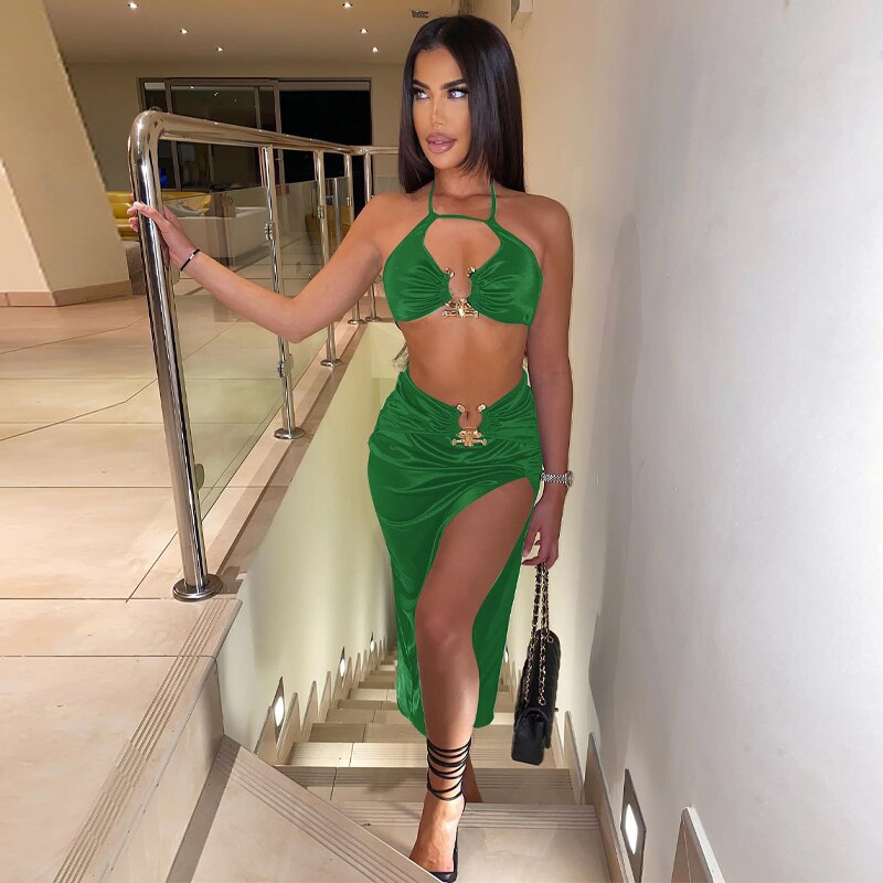 Levoire | Crop Satin Sans Manches & Couture Latérale Midi Robes Vert