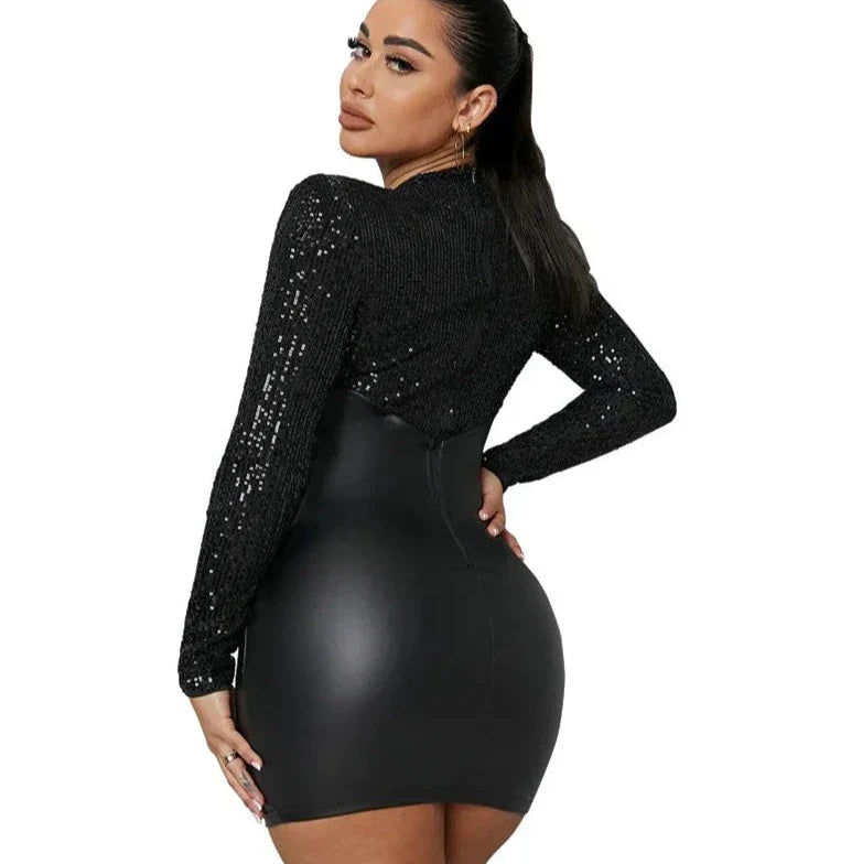 Levoire | Jupe En Pvc À Paillettes Taille Haute Robe Mini À Manches Longues