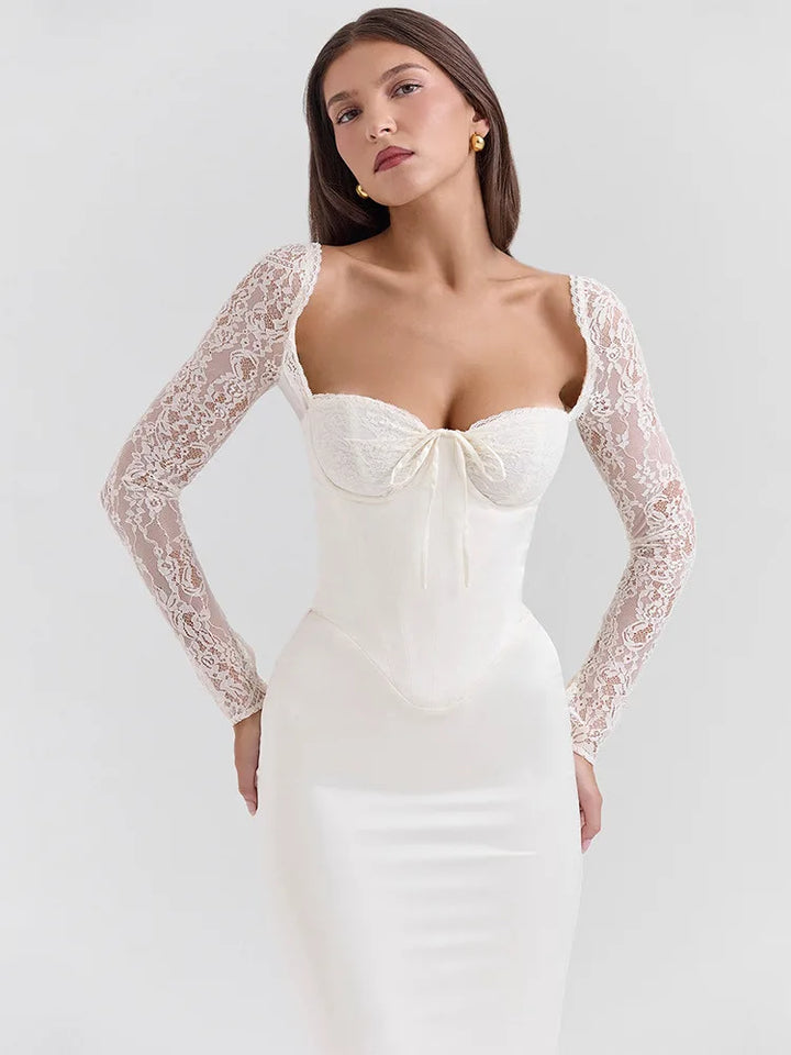 Levoire | Robe Elégante En Satin Avec Dentelle Blanc